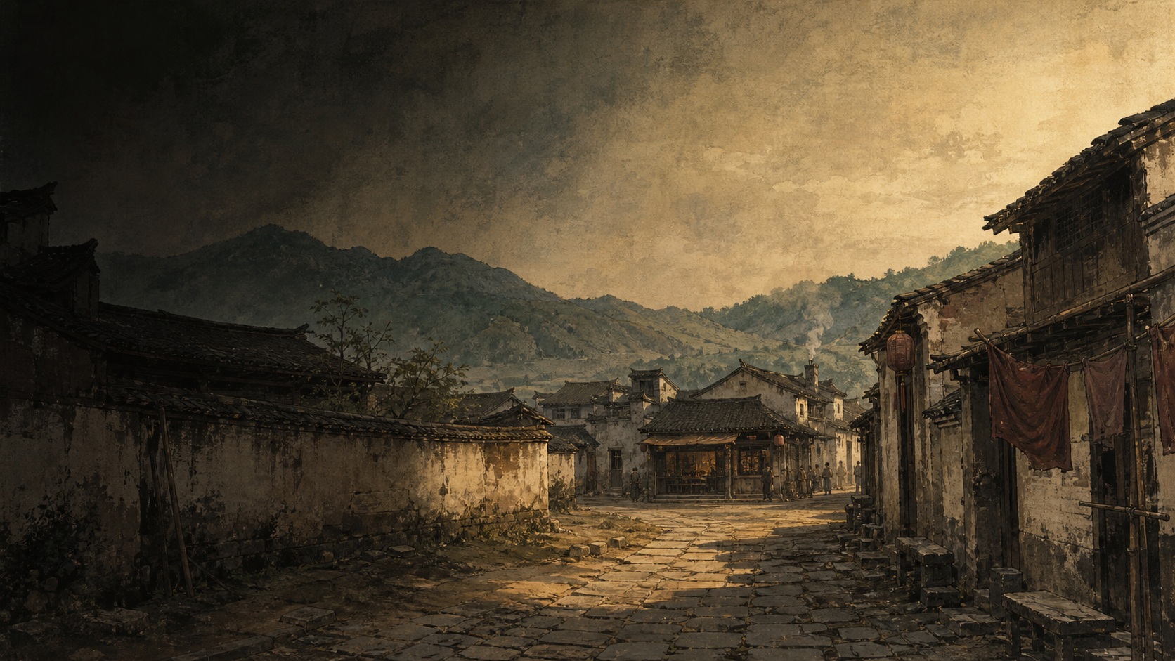 黄昏时分的未庄酒店街口，远处是山，近处是石板路与旧屋
